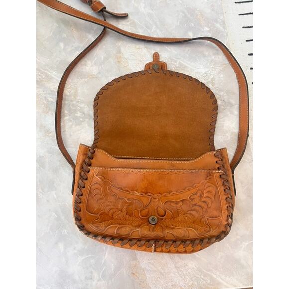 Patricia Nash Barcellona Saddle Bag Burnished Tooled Italian Brown Leather - Picture 4 of 11